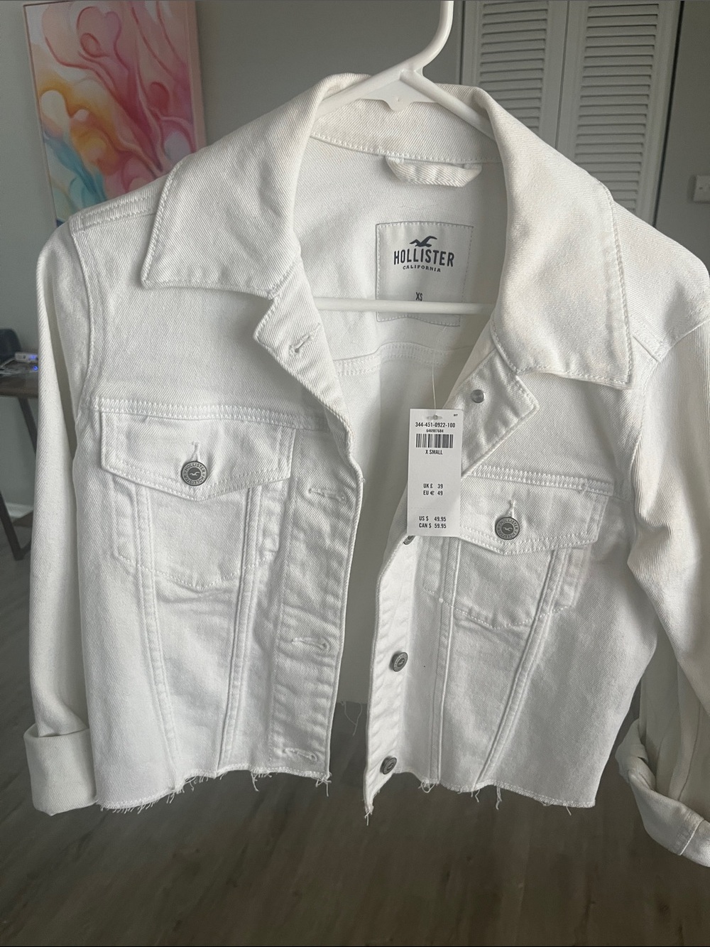 Hollister White Cropped Denim Jacket with Button Front
